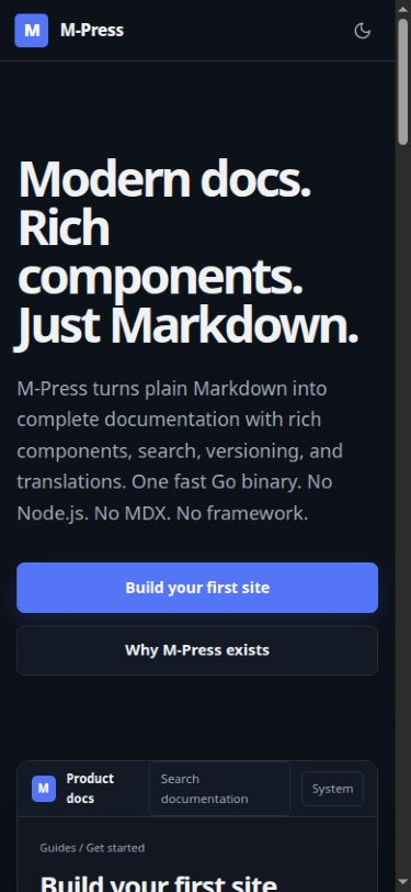 The responsive M-Press landing page on a mobile screen