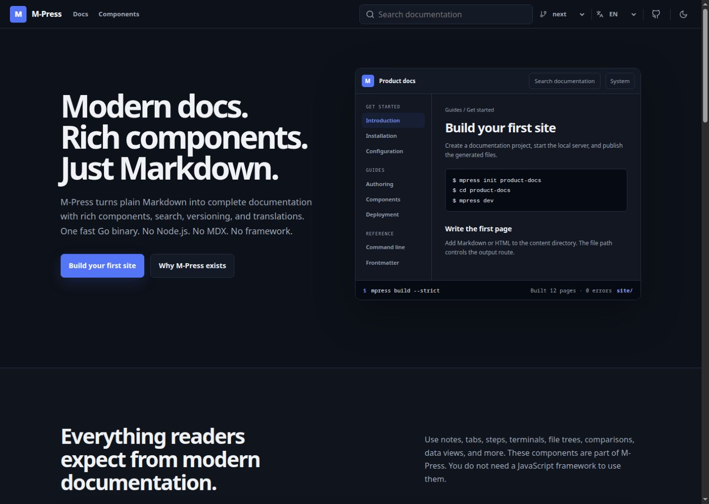 The M-Press documentation landing page at desktop width
